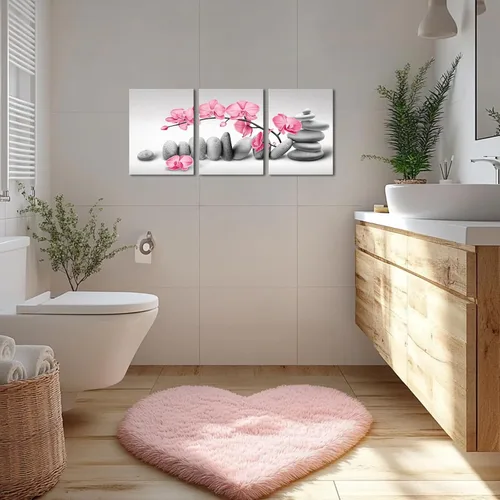 Vista 3 de SkenoArt 3 piezas de pintura de flores de orquídea, arte de pared, piedras zen, rosa, floral, impresiones de imágenes de meditación pacífica, obras