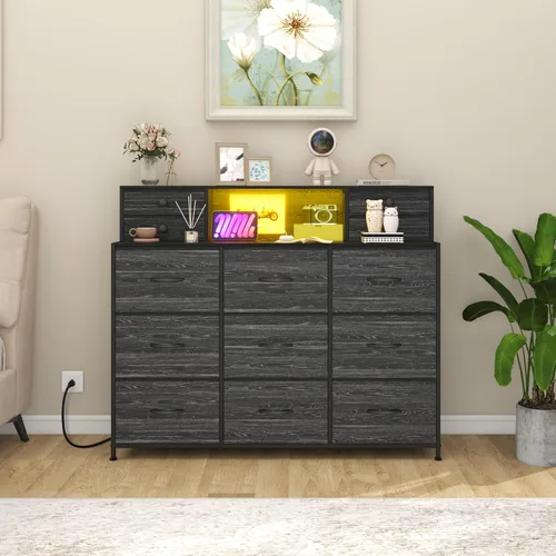 Vista 7 de Cómoda negra con estación de carga y luces LED de 13 cajones, cómodas para dormitorio, cómodas largas y baúles de cajones para sala de estar