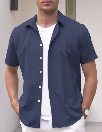 Vista 2 de COOFANDY Camisas casuales de manga corta de lino para hombre, camisa de playa de verano