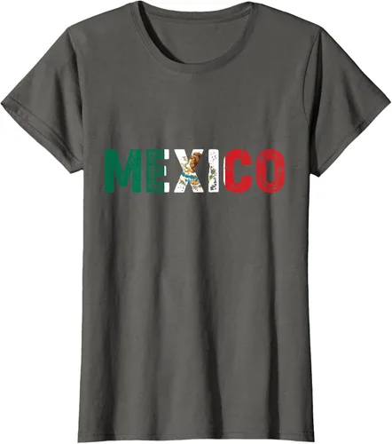 Vista 5 de Camiseta con texto en inglés «Mexico Vintage Letras» como bandera mexicana, Negro