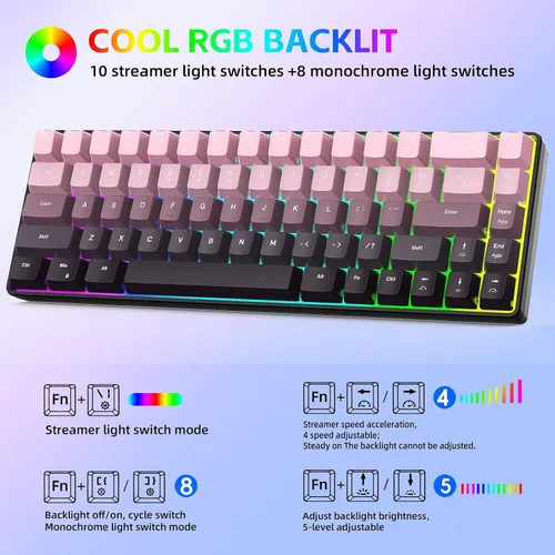 Vista 2 de 68 Keys Mechanical Gaming Keyboard, Gradient Color Wired Keyboard with RGB Backlit & Multimedia Function, ABS Injection Keycap Hot Swap Mechanical