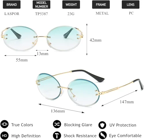 Vista 4 de LASPOR Gafas de sol ovaladas retro para mujeres y hombres, a la moda, vintage, de metal dorado, sin marco, lentes tintados, protección UV400