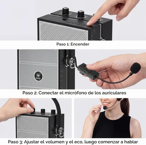 Vista 8 de Amplificador de voz, sistema PA portátil con micrófono de diadema inalámbrico y altavoz, micrófono portátil Bluetooth de 40W y altavoz