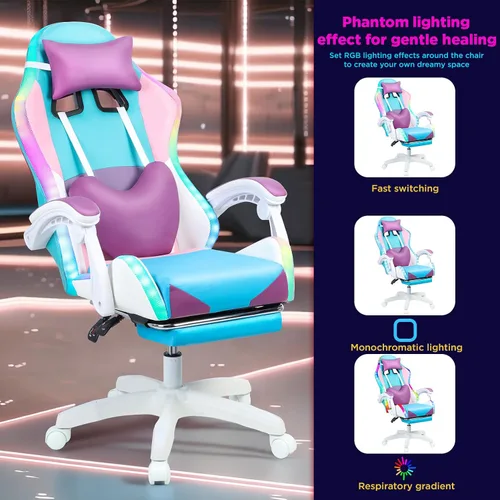 Vista 5 de Sillas de juegos para adultos, silla de computadora con reposapiés y respaldo alto ergonómico, luz LED, sillas giratorias de 360° en altura