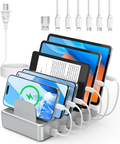 Vista 8 de CREATIVE DESIGN Estación de carga múltiple de 50 W y 6 puertos con 6 cables de carga, base de carga USB para múltiples dispositivos, compatible