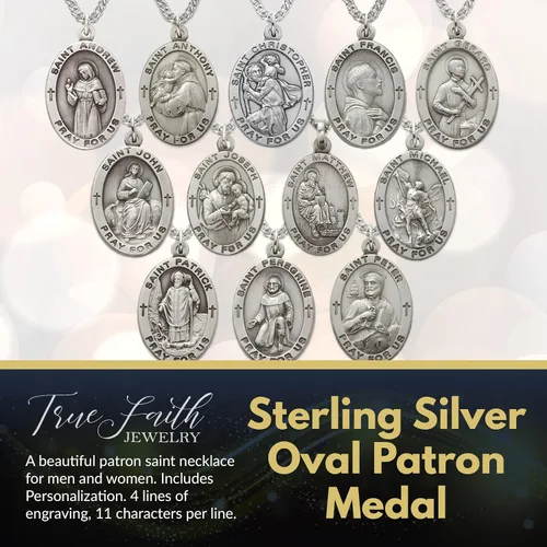 Vista 4 de True Faith Jewelry Customizable Sterling Silver Oval Patron Medal, 78 Inch