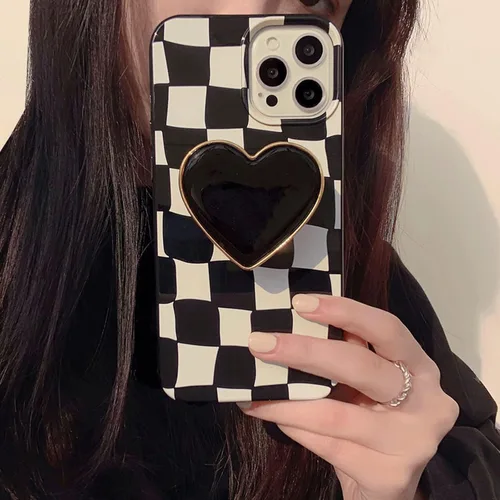 Vista 3 de Funda de teléfono con soporte a cuadros negros con diseño de patrón antideslizante, marco de gel de sílice suave para iPhone 7/8