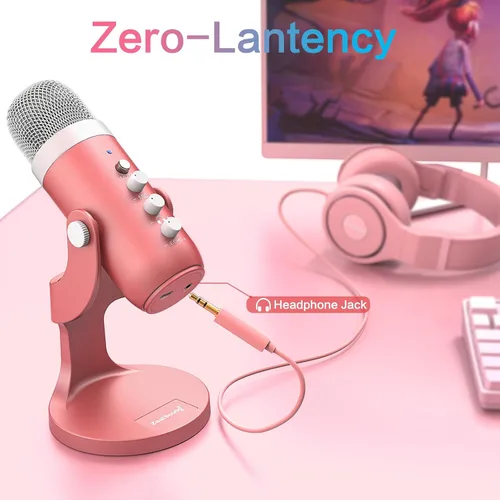 Vista 4 de ZealSound Micrófono para podcast, micrófono de cancelación de ruido con ganancia, ajuste de volumen y botón de silencio, monitor y eco, para ASMR