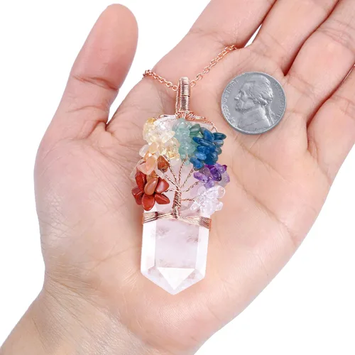 Vista 11 de Collar con colgante de árbol de la vida de 7 chakras naturales de cristal curativo de reiki, joyería para mujer para buena suerte, meditación
