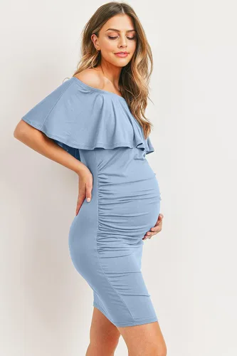 Vista 5 de Hello MIZ - Vestido de maternidad con volantes y hombros descubiertos para mujer, fabricado en EE. UU.