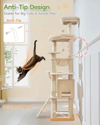 Vista 9 de Taoqimiao Árbol para gatos de 72 pulgadas para gatos grandes, torre alta de varios niveles, condominio ampliado para gatos con tabla de rascar