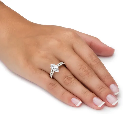 Vista 3 de PalmBeach Jewelry - Juego de anillos de novia de plata de ley chapada en platino con circonita cúbica ovalada o marquesa, Metal, Zirconia cúbica