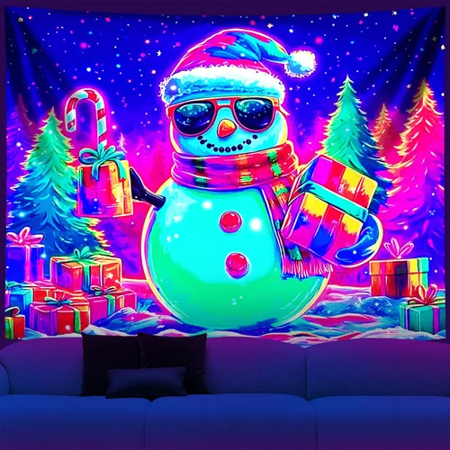 Vista 13 de NYZE - Tapiz de Navidad con Papá Noel, tapiz de luz negra que brilla en la oscuridad, colgante de pared, banner festivo, decoración para fiesta