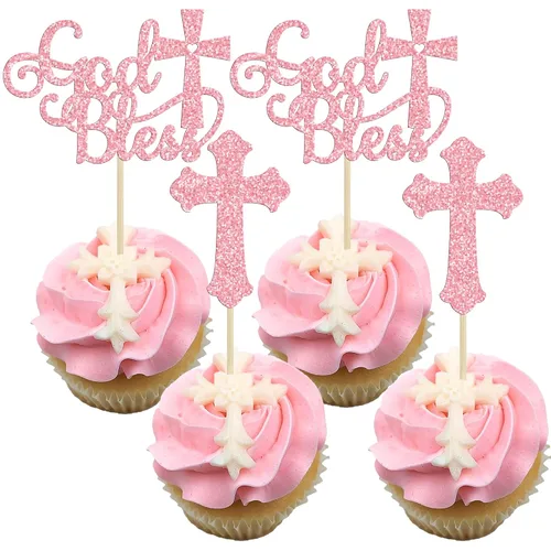 Vista 13 de Gyufise 24 piezas de decoración de pastel de Dios bendiga y decoración de bautizo para cupcakes, cruces de Dios bendiga, adornos de cupcake
