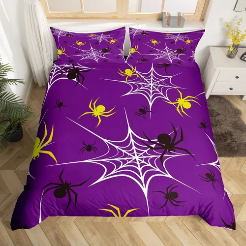 Vista 15 de Juego de ropa de cama de Halloween, funda de edredón gótica de murciélagos negros con telarañas, funda de edredón individual, diseño de arañas
