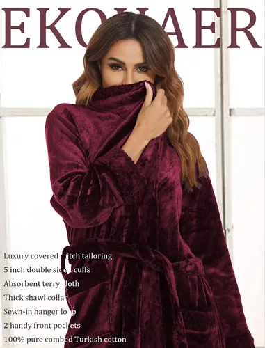 Vista 4 de Ekouaer Bata de forro polar para mujer bata larga de baño de felpa con cuello chal ropa de dormir de longitud completa con bolsillos