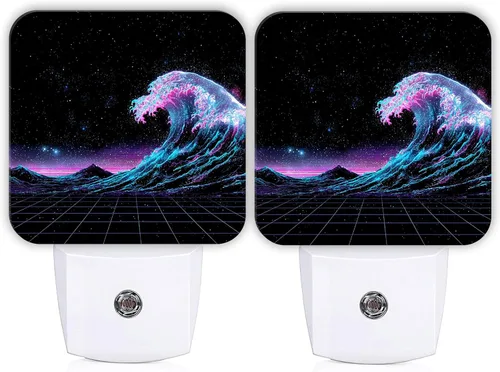 Vista 8 de Waves Night Lights Plug Into Wall, Retro Futuristic Stars Mountains Summer Blue Smart Led Plug in Night Lights for Wall Socket for Bedroom Kids Room