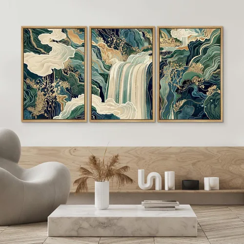 Vista 4 de SIGNWIN Lienzo enmarcado para pared, juego de arte de elegancia de cascada dorada con fluidos lujosos y elementos de la naturaleza, ilustraciones