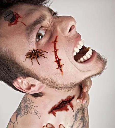 Vista 5 de Tatuajes temporales de gran tamaño, 10 hojas de tatuajes de cosplay de Halloween, tatuajes temporales realistas de boca grande, tatuaje de cicatriz