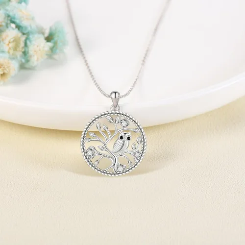 Vista 4 de ELFRONT Collar con colgante de árbol de la vida de plata de ley, colgante de diamante de moissanita, joyería de búho, regalos para ella