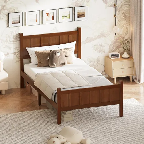 Vista 18 de Bellemave Cama de panel plano de tamaño individual con cabecero y estribo, cama de plataforma minimalista y moderna con acabado de grano de madera