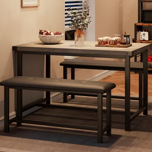 Vista 8 de Juego de mesa de comedor IDEALHOUSE para 4, mesa de cocina con banco tapizado, juego de mesa de comedor rectangular de 3 piezas con 2 bancos