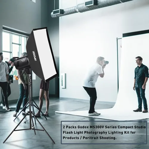 Vista 5 de Godox Kit de flash de estudio MS300V (2 x 300 W) con 2 cajas de luz, 2 soportes de luz, 2 reflectores, lámparas de modelado LED, sistema inalámbrico