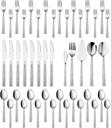 Vista 8 de E-far - Juego de cubiertos de 35 piezas con piezas de servir, cubiertos martillados de acero inoxidable para 6, moderno juego de cubiertos con borde