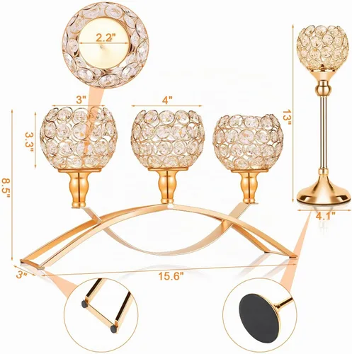 Vista 6 de Portavelas de cristal dorado decorativos con candelabro de 3 brazos, soporte para velas, pieza central de mesa, decoración para mesa de comedor