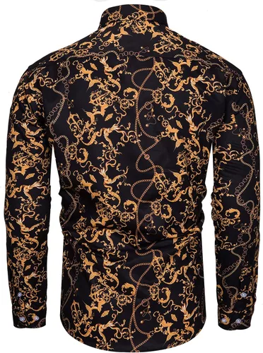 Vista 2 de fohemr Camisas de vestir de lujo para hombre, diseño barroco de cadena dorada, casual, manga larga, con botones, para fiesta, color negro