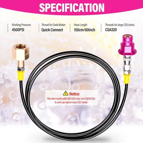 Vista 2 de Adaptador rápido de CO2 con manguera de alta presión de 60 pulgadas, CO2 de conexión rápida compatible con Duo/Terra/Art/E-Duo/Crystal 3.0/GAIA Soda