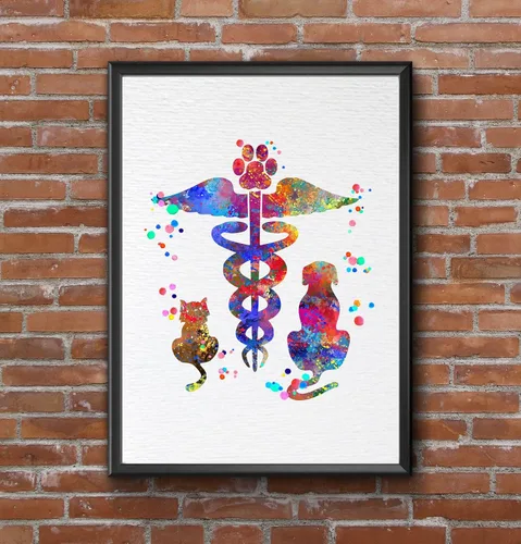 Vista 8 de Dignovel Studios 8X10 sin marco caduceo veterinario Clínica animal mascota acuarela arte impresión cartel inauguración casa giclée oficina