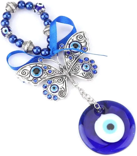 Vista 4 de Adorno colgante de ojo turco de la suerte, ojo turco con mariposa, amuleto turco contra el mal de ojo, llavero colgante para auto y hogar