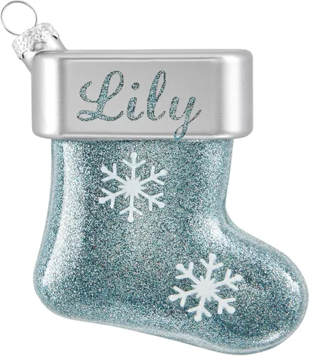 Vista 18 de Let's Make Memories Adorno de Navidad personalizado, cristal con forma de calcetín con purpurina, nombre grabado con láser, tono de joya, adorno