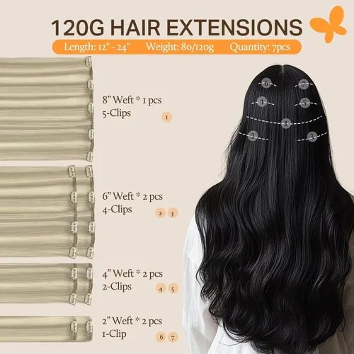 Vista 2 de DOORES Extensiones de cabello humano real con pinzas, balayage, rubio
