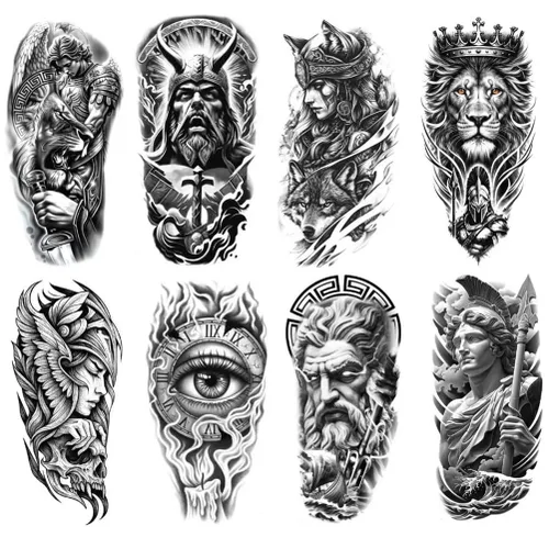 Vista 16 de 8 hojas de calcomanías temporales para tatuajes temporales de pierna de brazo de león del bosque, Jesús, cráneo, cráneo, rosa, corona de rosas