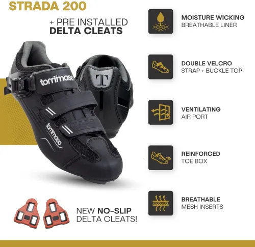 Vista 2 de Tommaso Strada 200 - Zapato de spinning, ciclismo, excursiones, carretera, compatible con tacos dobles, con hebilla, Negro, 8