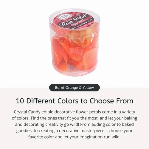 Vista 2 de Crystal Candy Pétalos comestibles de color naranja y amarillo quemado, pétalos de flores comestibles coloridos para pasteles, cupcakes
