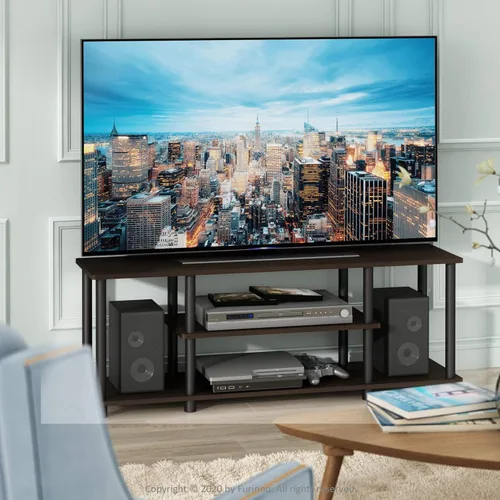 Vista 4 de Furinno Turn-N-Tube - Soporte para televisor de 3 niveles, 3D, sin herramientas, para televisores de hasta 50 pulgadas, con tubos redondos, marrón