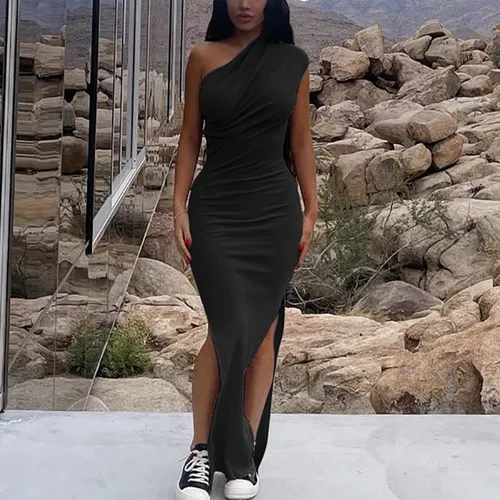 Vista 2 de MINGE Vestido largo sin mangas con un hombro fruncido y abertura alta, elegante, para noche, cóctel, fiesta, verano, vestido largo ajustado