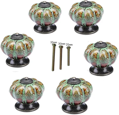 Vista 4 de Juego de 6 pomos de cerámica con pomos coloridos y asas de calabaza para armarios, armarios de cocina y baño, persianas (azul leopardo)