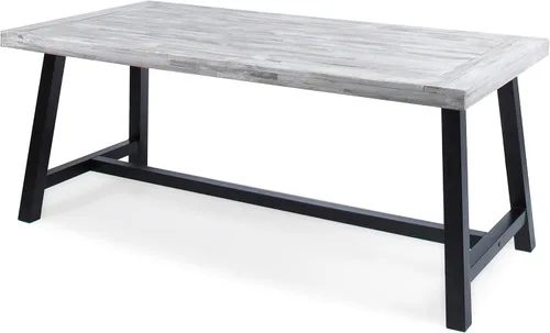 Vista 7 de Mesa de comedor de madera de chorro de arena gris claro al aire libre con metal rústico negro e