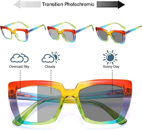Vista 3 de Gafas de lectura bifocales para computadora de ojo de gato para mujer, diseño de arco iris de moda, transición al aire libre, bifocales