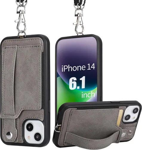 Vista 25 de TOOVREN Funda para teléfono compatible con iPhone 14 Plus, compatible con iPhone 14 Plus, funda con correa para tarjetero, cordón de cuero para Negro