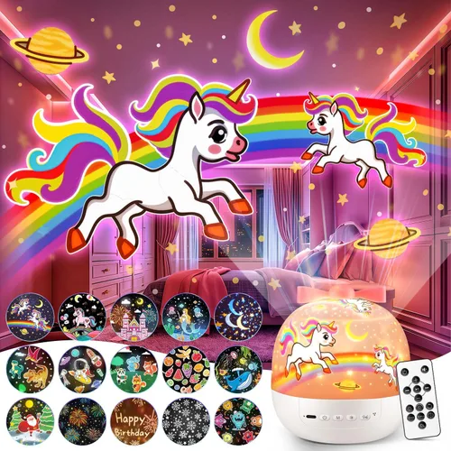 Vista 11 de 【PAQUETE DE REGALO】Regalos de unicornio para niñas, luz nocturna con 15 películas + 10 músicas con sonidos relajantes, máquina de proyección