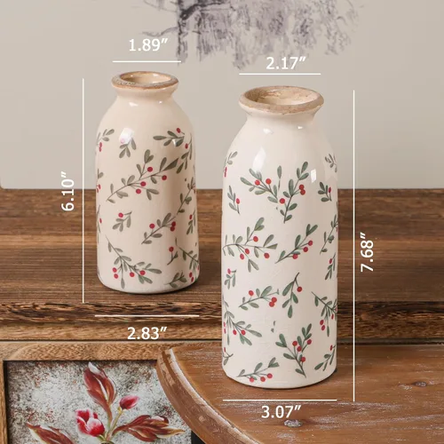 Vista 6 de [Usado] Ronasip Jarrones de acebo de Navidad, juego de 2 jarrones de cerámica, decoración rústica pintada a mano, esmalte agrietado con hielo