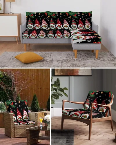Vista 6 de Funda de sofá para sofá de 3 cojines, 1 pieza, gnomo de copo de nieve, adornos de Navidad, pino, funda elástica duradera para sala de estar, niños