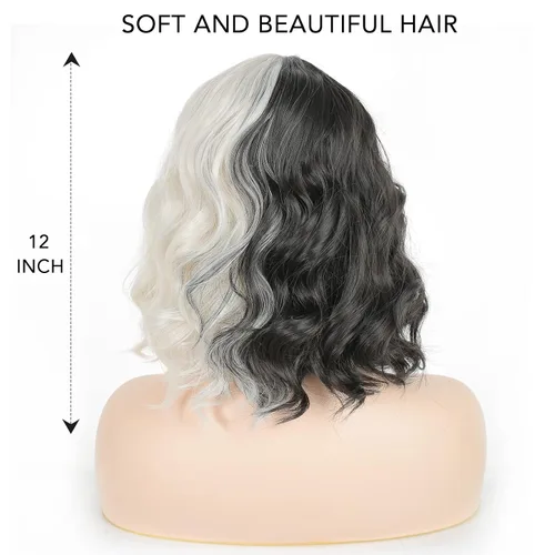 Vista 5 de AICKER Peluca ondulada corta mitad negra mitad blanca y rizada con flequillo para mujer, pelucas de anime, cosplay, Halloween, fiesta de Navidad