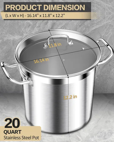 Vista 2 de STOCKPOT Olla de acero inoxidable de 20 cuartos de galón con tapa de vidrio templado, base de 3 capas, 8.8 libras, acabado pulido, adecuada