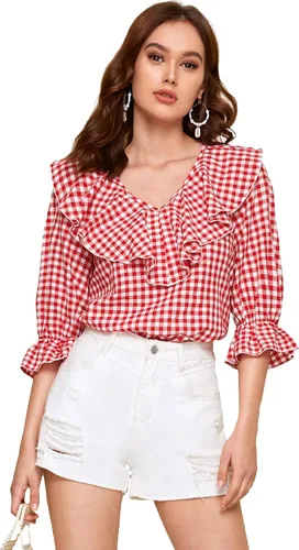 Vista 3 de Romwe Blusa elegante con volantes y cuello en V para mujer